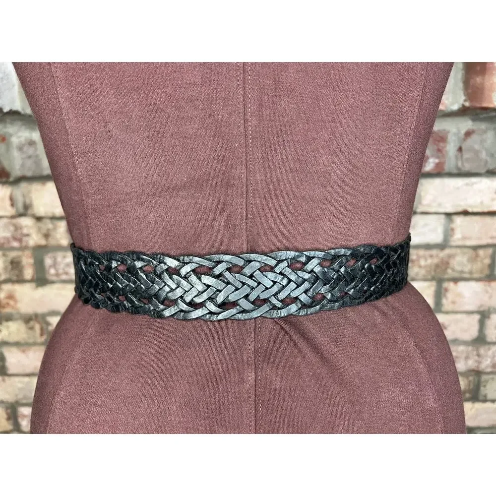 belt split leather black braided goldtone buckle stone western